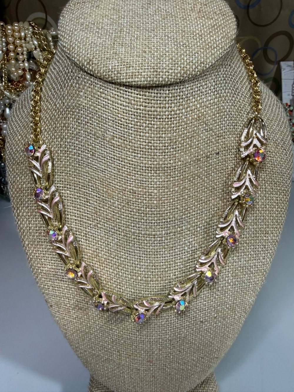 Vintage 1950-60s Gold-Tone Leaf Necklace with Pink Aurora Crystal Accents V2